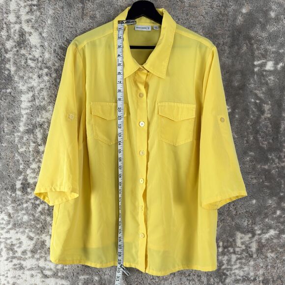 Susan Graver Plus Size 1X Casual Button Collar Top Yellow 3/4 Sleeve Pockets - Picture 2 of 8